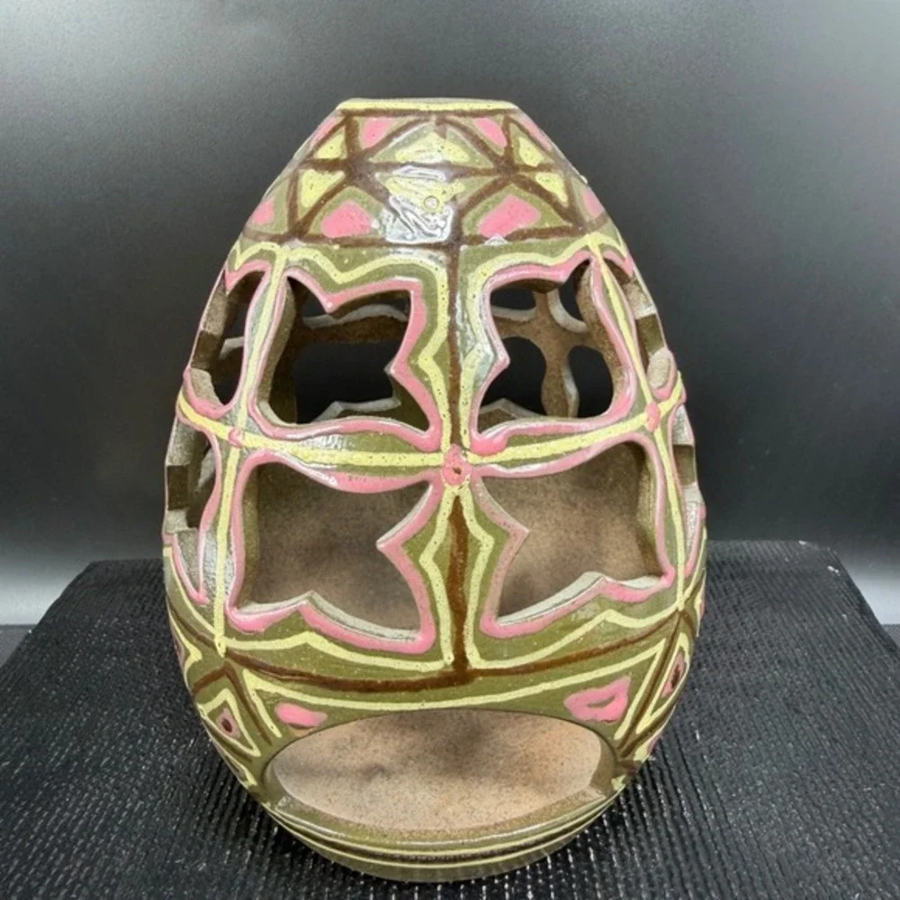 Handmade Ceramic Egg Lantern Tea‎ Light Holder Geometric Cutout Pink Green 6